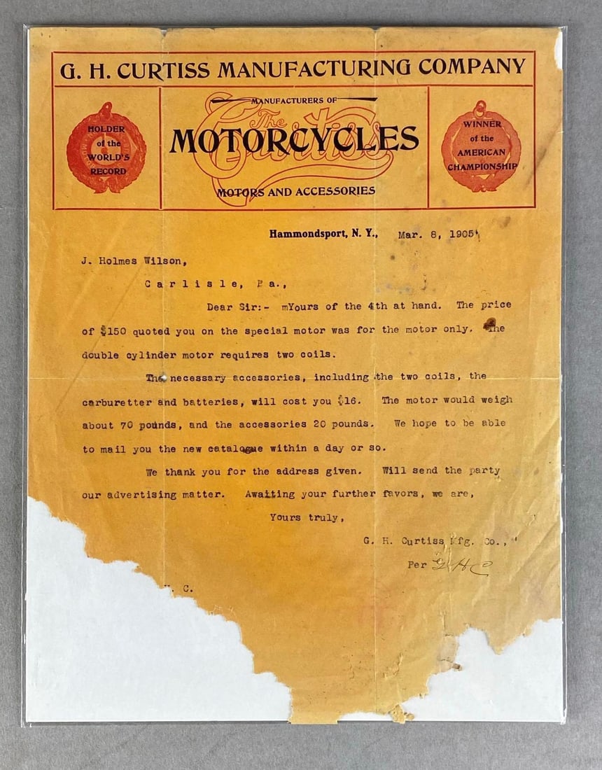 1905 GH Curtiss Manufacturing Co. Motorcycles Letter (1 of 3)
