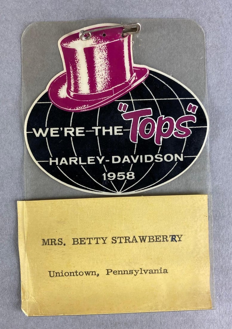 1958 Harley-Davidson Motorcycles Were The Tops Name Badge: Uniontown, Pennsylvania, measures 5 x 3 1/2 inches