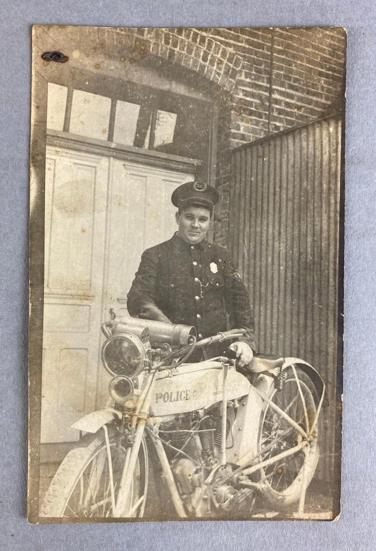 Postcard - Real Photo Police Officer 1920s Motorcycle: Shows police officer posing with 1920s era motorcycle, Small cuts along edges
