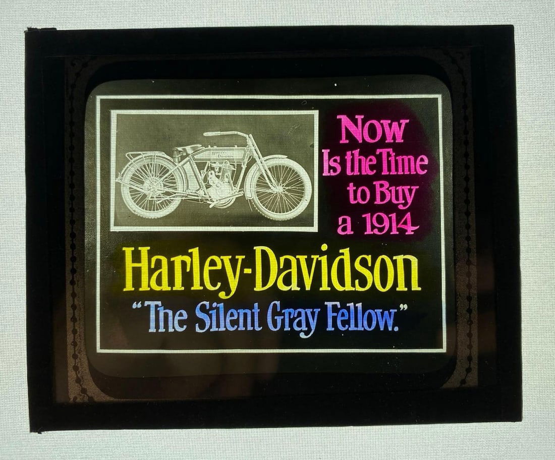 1914 Harley-Davidson Silent Gray Fellow Advertising Colorized Glass Movie Slide (1 of 1)