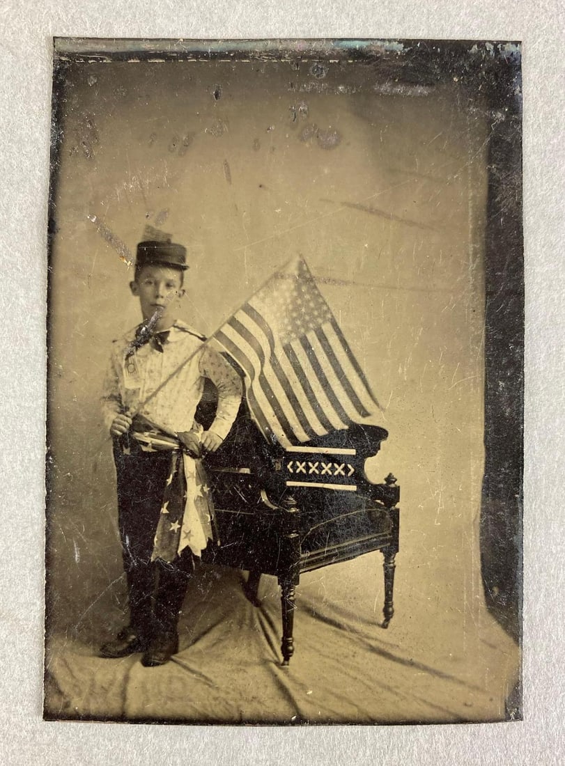 Late 1880s Child Posing With 48 Star American Flag Tin Type Photograph (1 of 2)