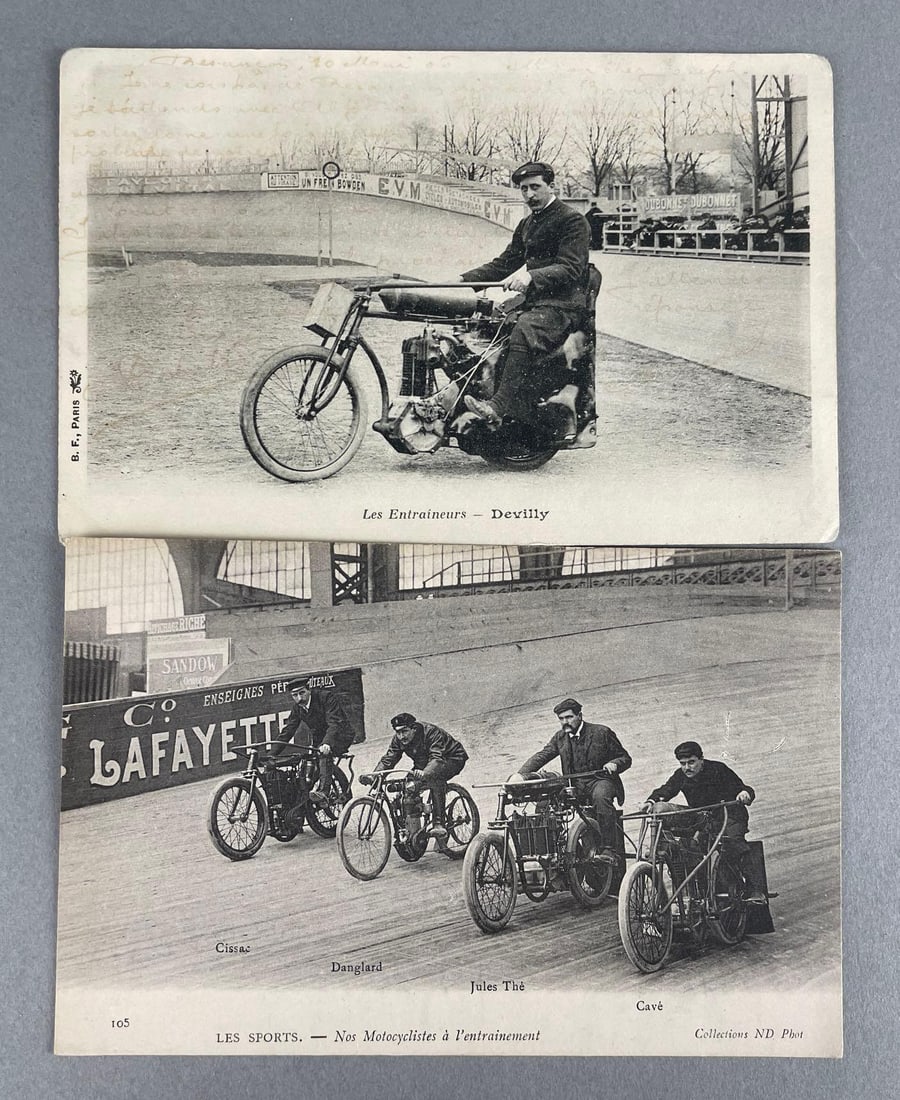 Postcards - 2 French 1900s Motorcycle: Includes 1906 pace bike, and motorcycle race