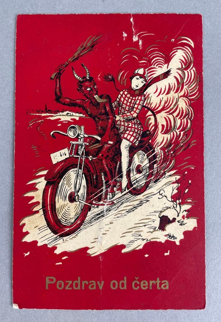1920s-30s Devil on Motorcycle Postcard: Greetings from hell, in polish. Tear at top