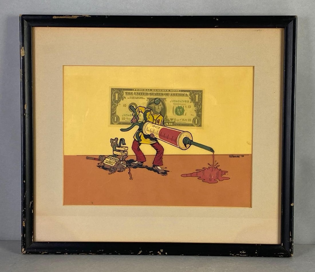 1975 Ed Asuilar New Graffiti Dollar Art Cel: Frame measures 15 1/2 x 17 1/2 inches, Cel measures 9 1/4 x 12 1/4 inches.