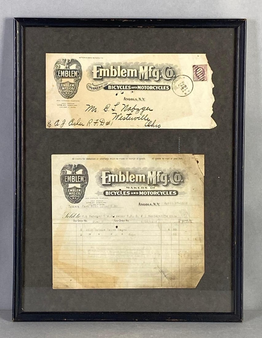 1918 Emblem Mfg. Co. Bicycles and Motorcycles Receipt: Frames with original envelope, Receipt for 1912 Intake Valve Cages and Cape, Frame measures 16 3/4 x 12 3/4 inches.