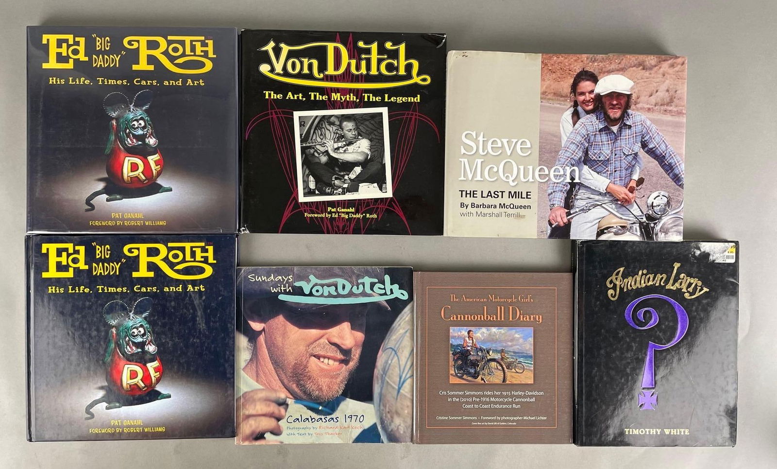 Group of Motorcycle Artist Books: Includes Ed big daddy aroth, von Dutch, Steve McQueen, and more. Largest measures 9 1/2 x 12 inches