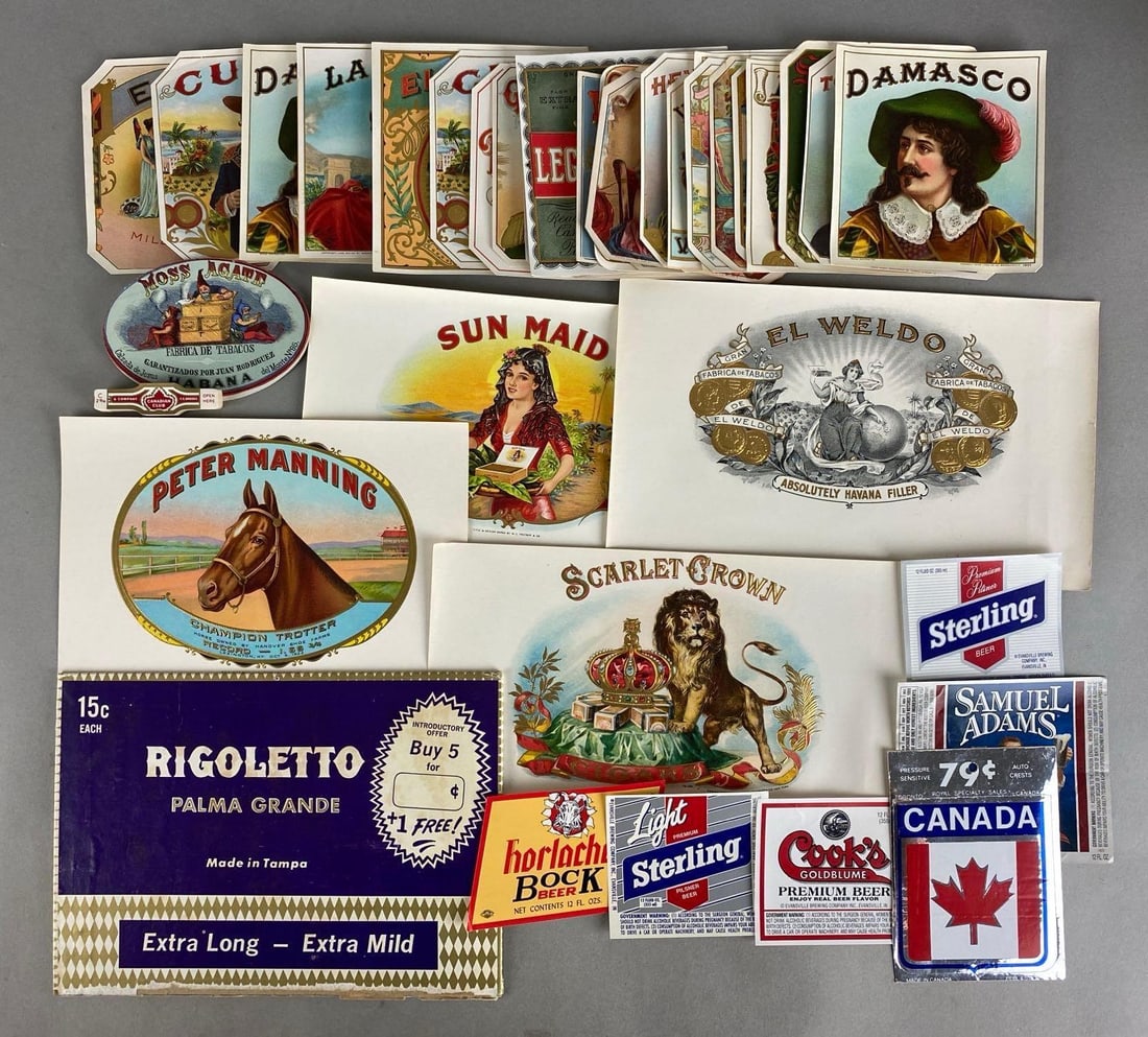 Group of 40 Cigar Labels and More: Includes Canadian Club, Samuel Adams, Damasco and more, largest measures 7 x 9 inches