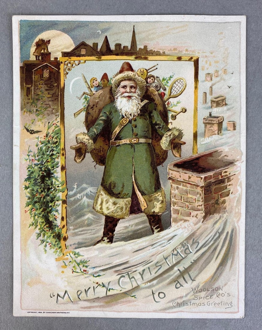 1891 Lion Coffee Green Suited Santa Claus Advertising Trade Card (1 of 2)