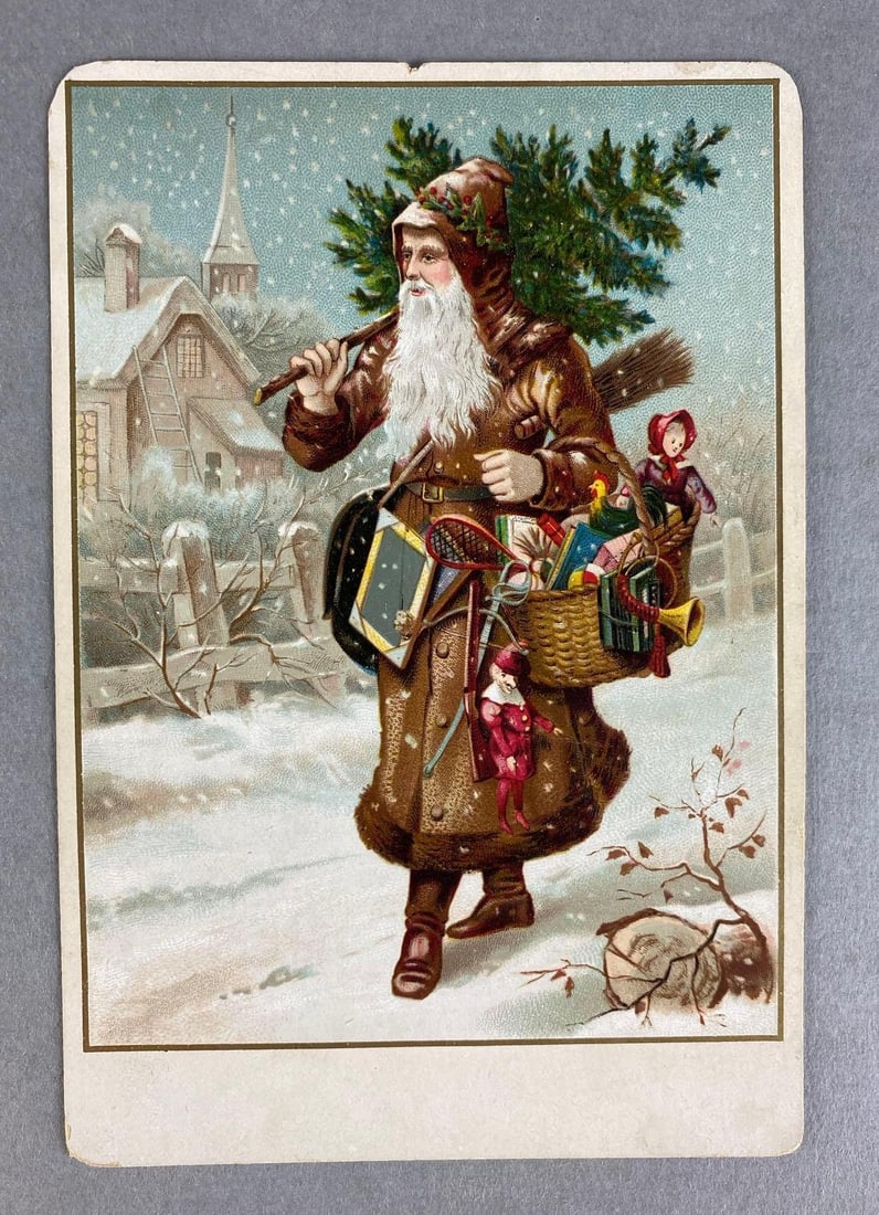 Brown Suited Claus With Toys Card: Measures 6 1/2 x 4 1/2 inches