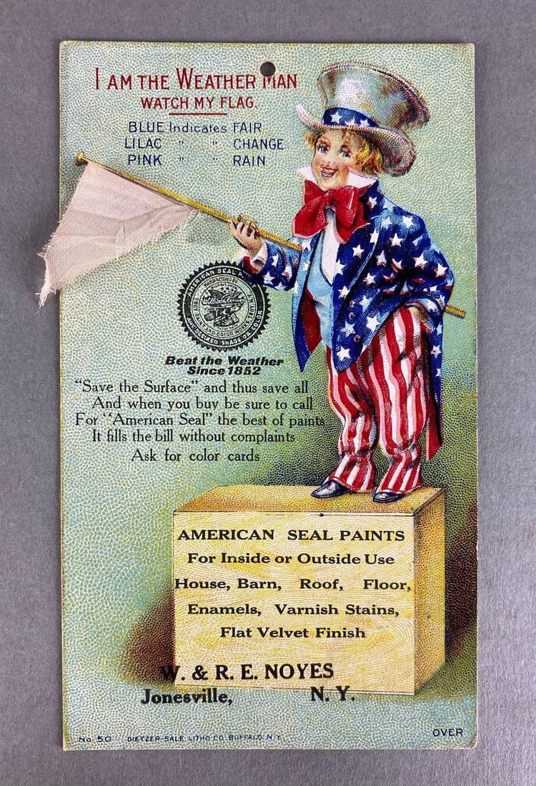 American Seal Paints W and RE Noyes Trade Card: Features Uncle Sam as a child, measures 6 x 3 1/2 inches