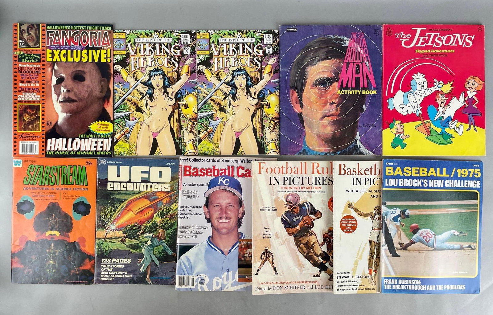 Group of Comic Books and Magazines: Includes the last of the Viking heroes, ufo encounters, sports magazines, jetsons coloring book. Largest measures 11 x 8 1/2 inches