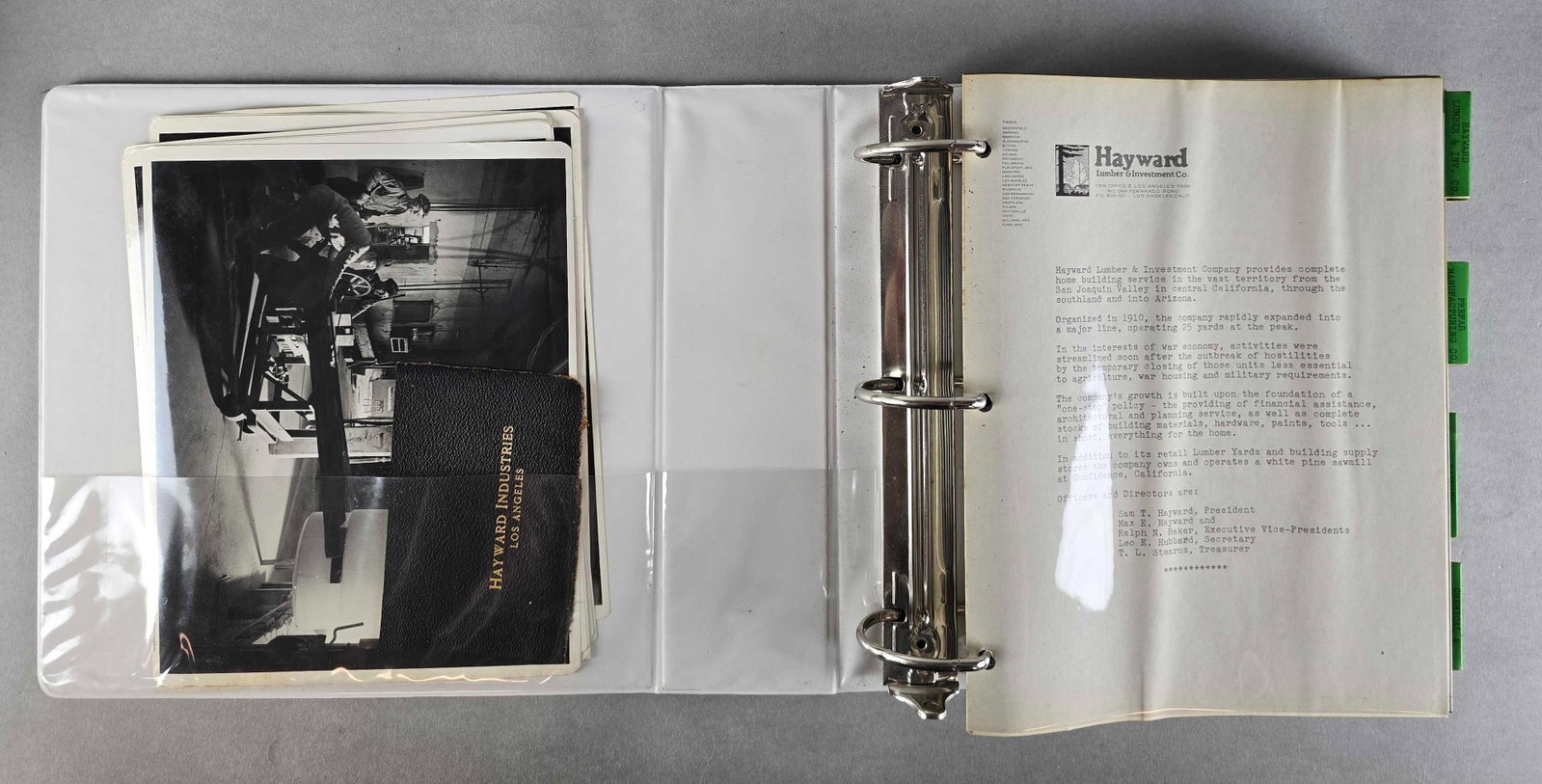 Hayward Lumber and Investment Co. Documentation Binder: Details the companies transfer from old good to war goods for WW2, binder measures