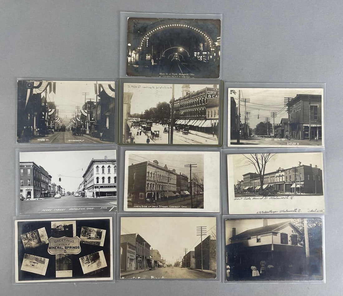 Postcards - 14 Real Photo: Includes train derailments, buildings, main streets
