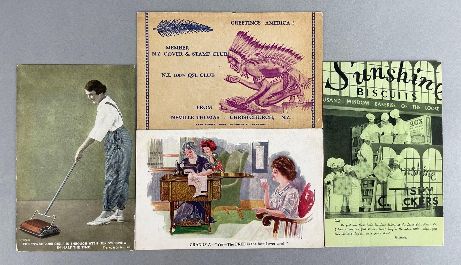 Postcards - 15 Advertising: Includes sweeper, candy, coffee, pillows, stamps, pottery