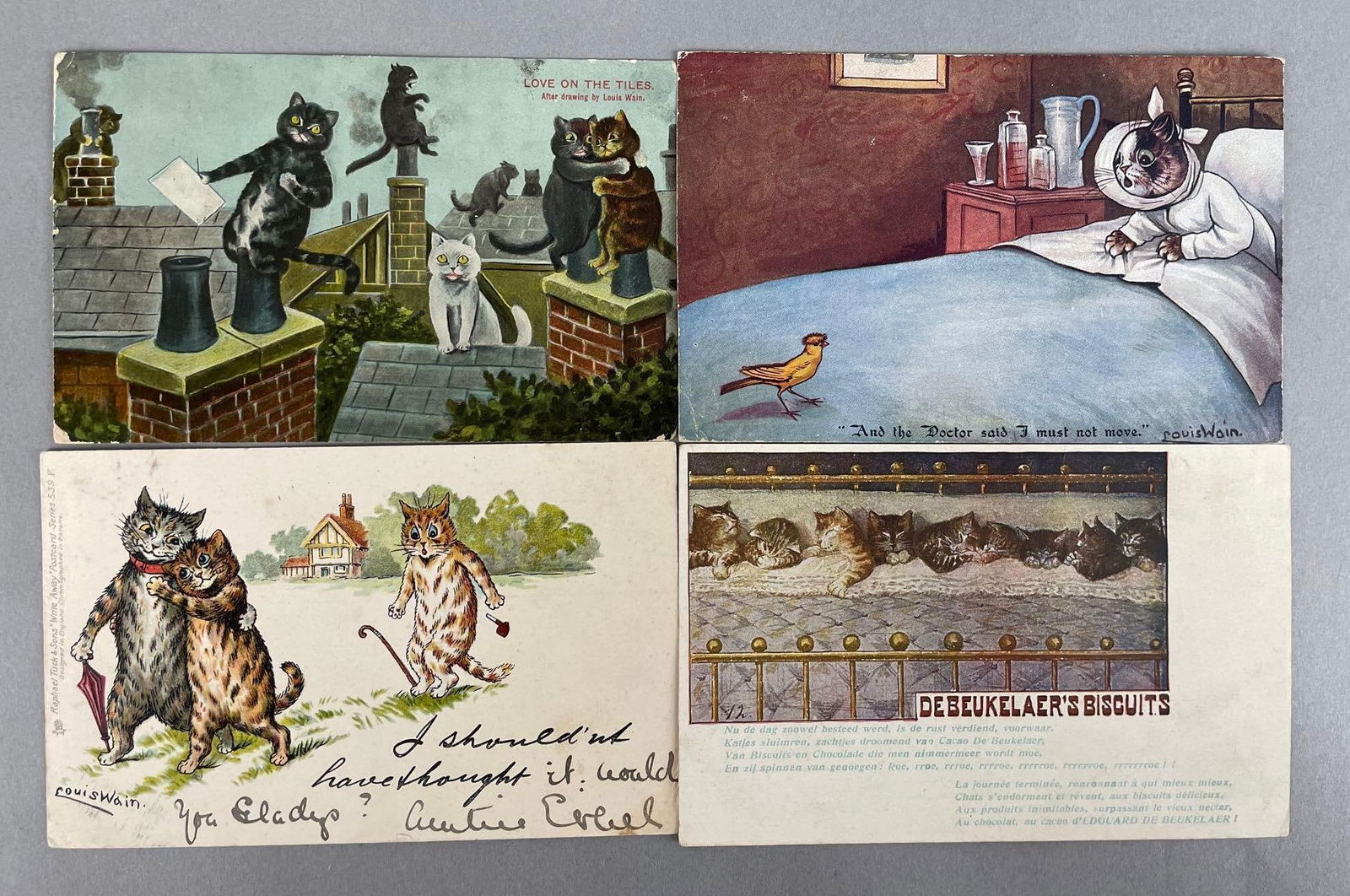 Postcards - 4 Louis Wain Cat: Includes love on the tiles, biscuits, tuck and sons