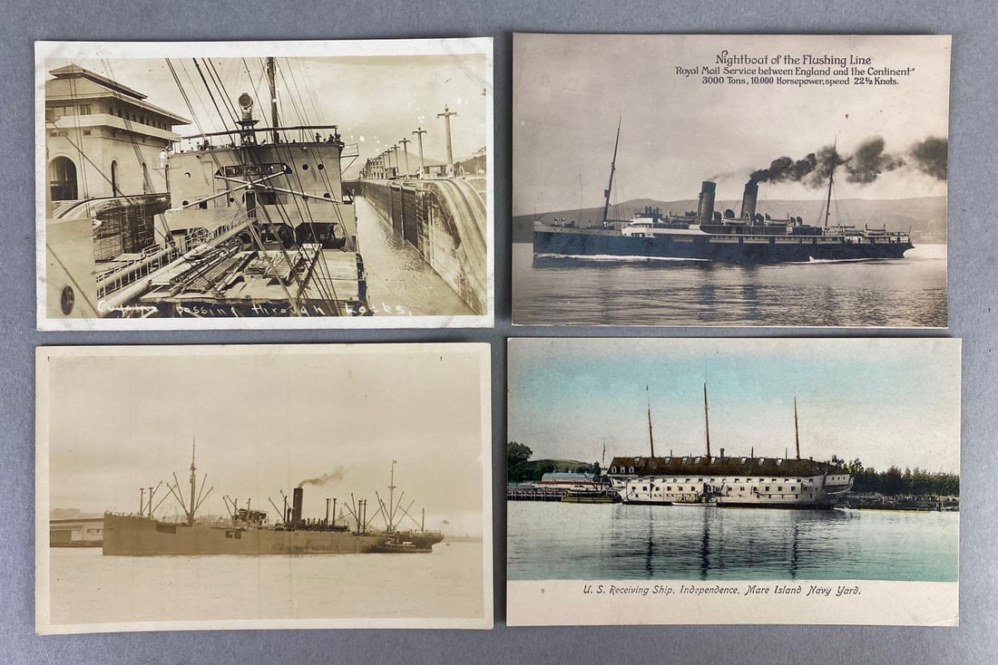 Postcards - 10 Ships: Includes real photo and printed, Including Night boat of the Flushing Line, Army Transport Thomas, US Receiving Ship, and more.