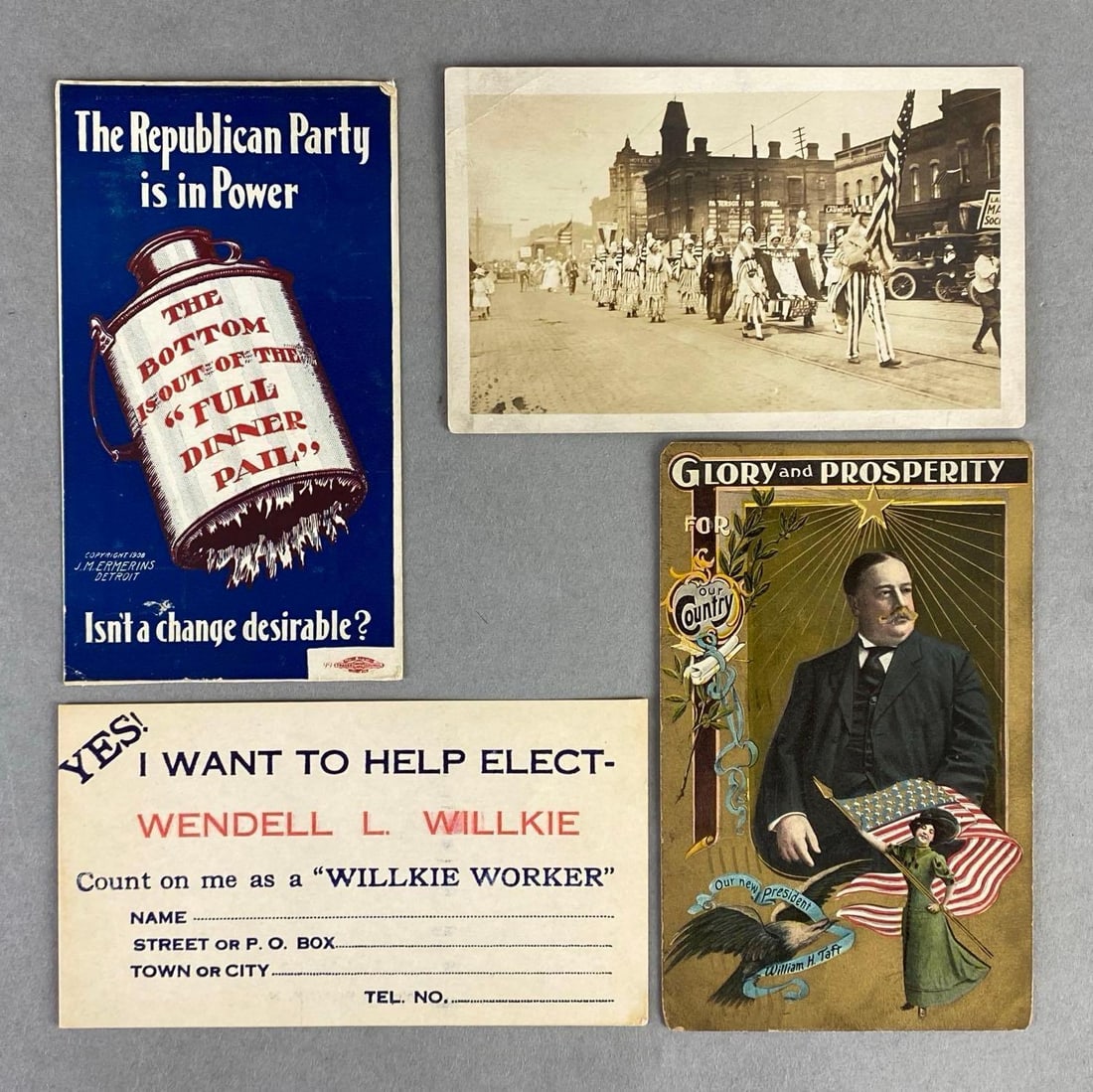Postcards - 8 Political: Includes President Roosevelt, Elect Wendell L. Willkie, parade, and more.