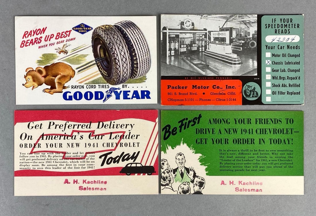 Postcards - 8 Automobile Advertising/Auto Dealers: Includes 1941 Chevrolet, Packard Six, 1940 Chevrolet, and more.