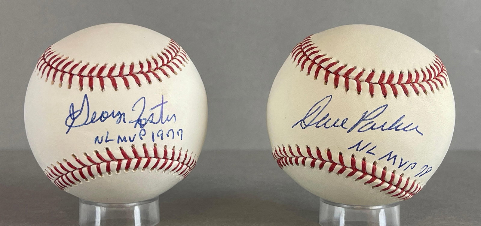 2 - George Foster and Dave Parker Signed Official MLB Rawling Selig Baseballs with Inscriptions and: Autographed George Foster NL MVP 1977, with Chicago Sun-Times March 2008 Ticket, Dave Parker NL MVP 78, with Fanatics COA, 2 - Cases included