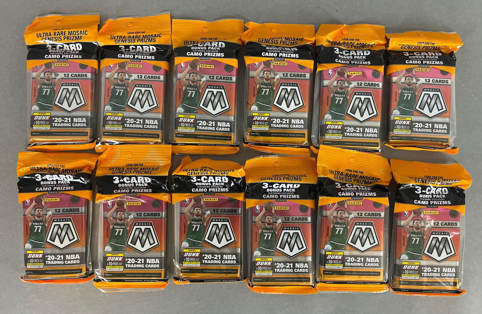 12 - 2020 - 21 Panini Mosaic Basketball Cello Packs: 12 - packs per box, 15 - cards per pack + original box, torn