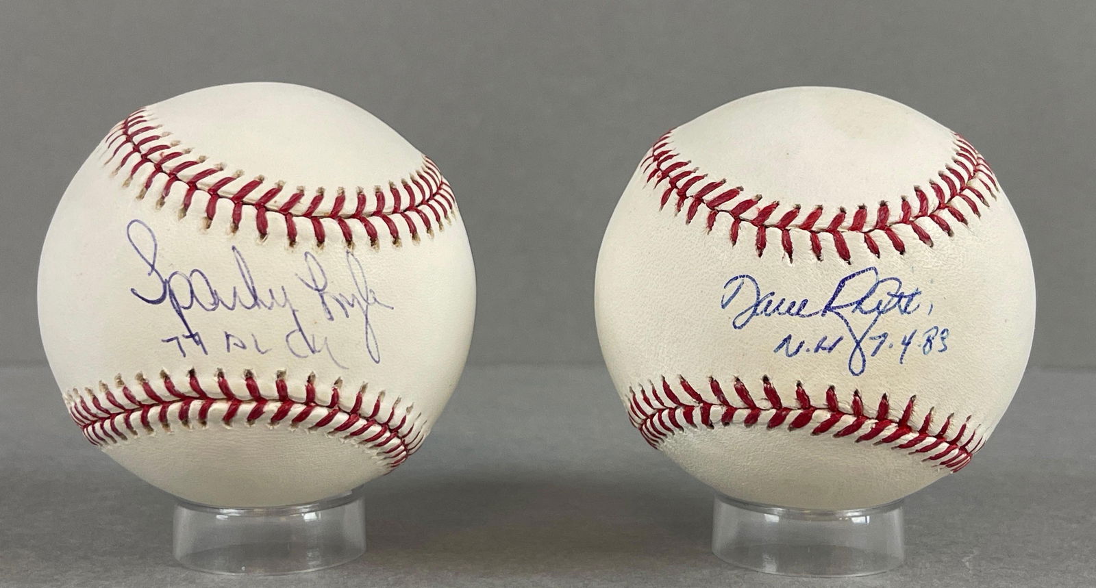 2 - D. Righetti and S. Lyle Signed Official MLB Rawlings Selig Baseballs with Inscriptions and COAs: 2 - New York Yankee Pitchers Autographed, Sparky Lyle 77 AL CY, with Tri-Star COA and Sticker, and Dave Righetti N.H. 7-4-83, No Hitter, We guarantee this to pass 3rd party authentication, 2 - Cases i