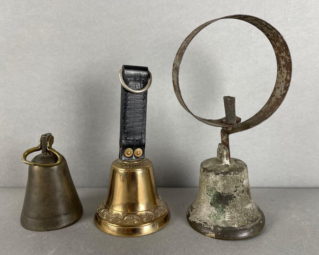 Group of Assorted Cow Sheep Goat Bells: Includes 1820 Georgian soho bell, measures 7 1/2 x 4 x 3 inches