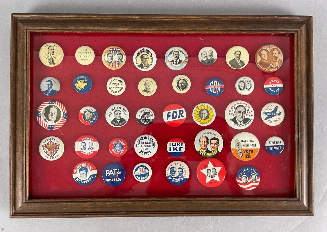 Group of Political Buttons: Includes Kennedy, I like Ike, Dewey, frame measures 9 1/2 x 14 1/4 inches