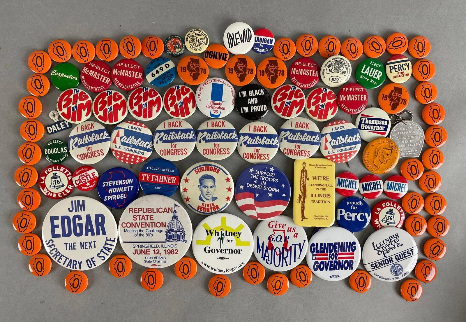 Group of Illinois Politcal Buttons: Includes Daley, Jim Edgar, Illinois State fair. Largest measures 3 inches