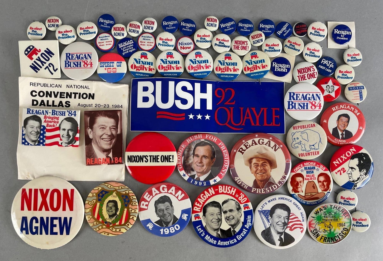 Group of Republican Buttons: Includes Nixon, 1964 convention, pay for First Lady. Bumper sticker measures 3 x 9 inches