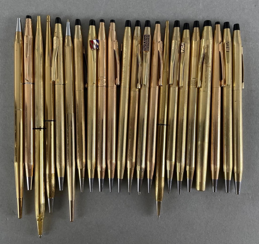 Group of Cross Gold Filled Pens and Mechanical Pencils: Includes RCA, United way, Buick. Longest measures 6 3/4 inches