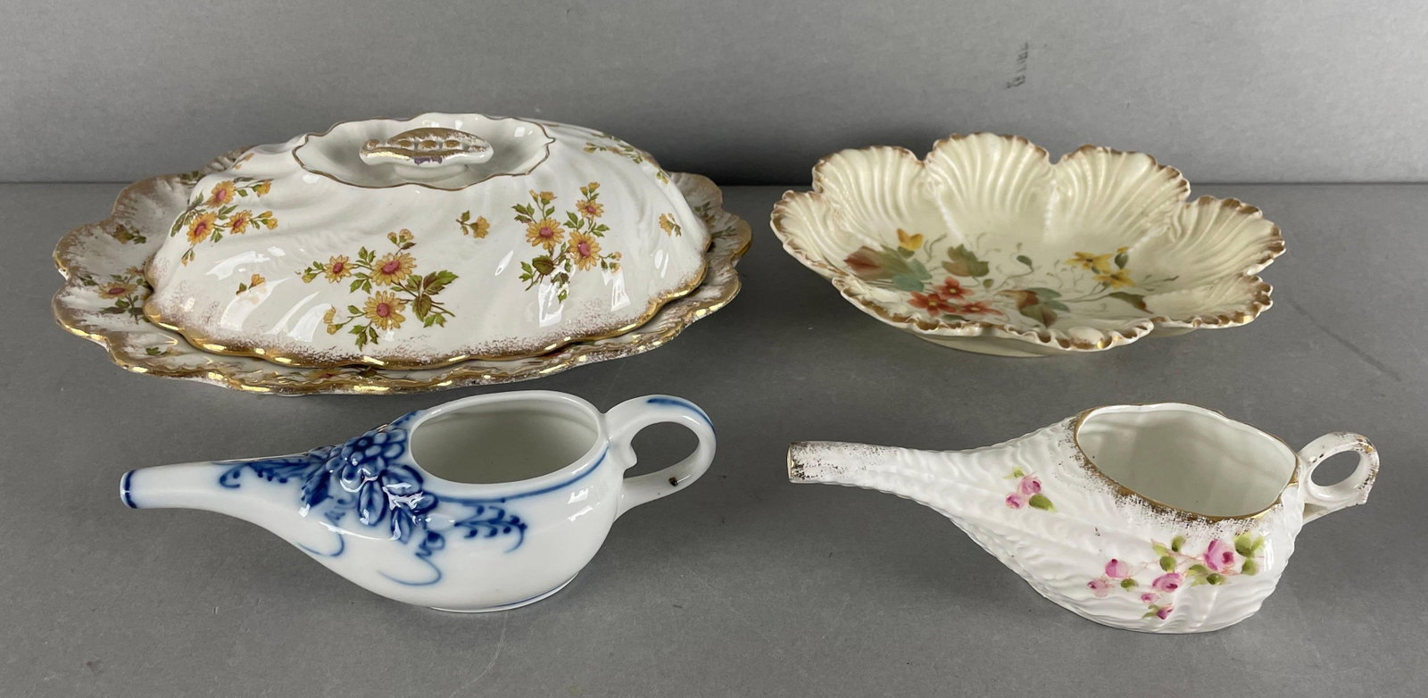Group of Invalid Feeders and Dishes: Includes covered dish, invalid feeders, RW dish. Largest measures 3 x 11 x 8 1/2 inches