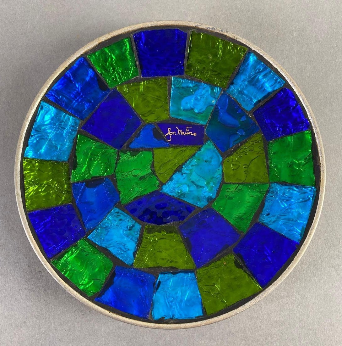 Jon Matin Signed MCM Green and Blue Stained Glass Mosaic Tray (1 of 4)