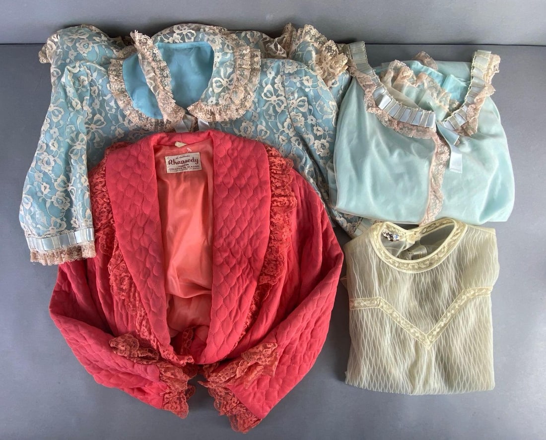 Group of Vintage Womens Robes, Dressing Gown, and More: Includes Rhapsody robe, Odette Bars nightgown, Webber nylon sheer top, and blue lace dressing gown, Largest measures 58 inches long.
