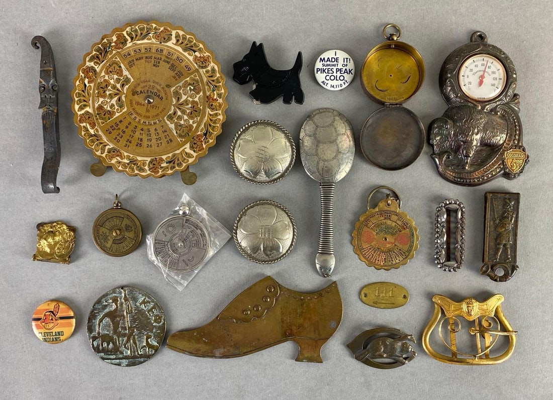 Group of Cast Metal Items and More: Includes calendars, money clips, thermometer, and more, Largest measures 4 1/2 x 4 1/2 inches.