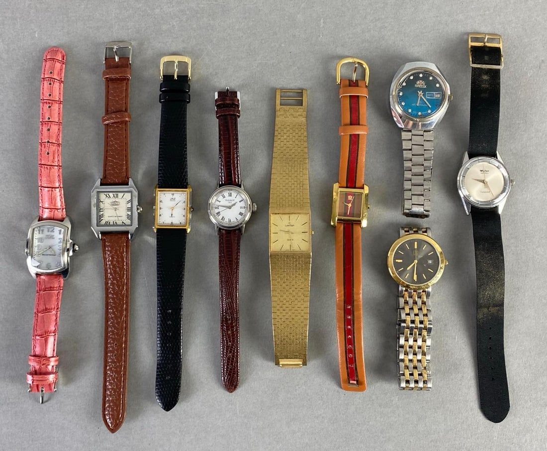 Group of Womens Wristwatches: Unknown working conditions, Includes Wyler, Tissot, Jaz, and more, Longest band measures 9 1/2 inches long.