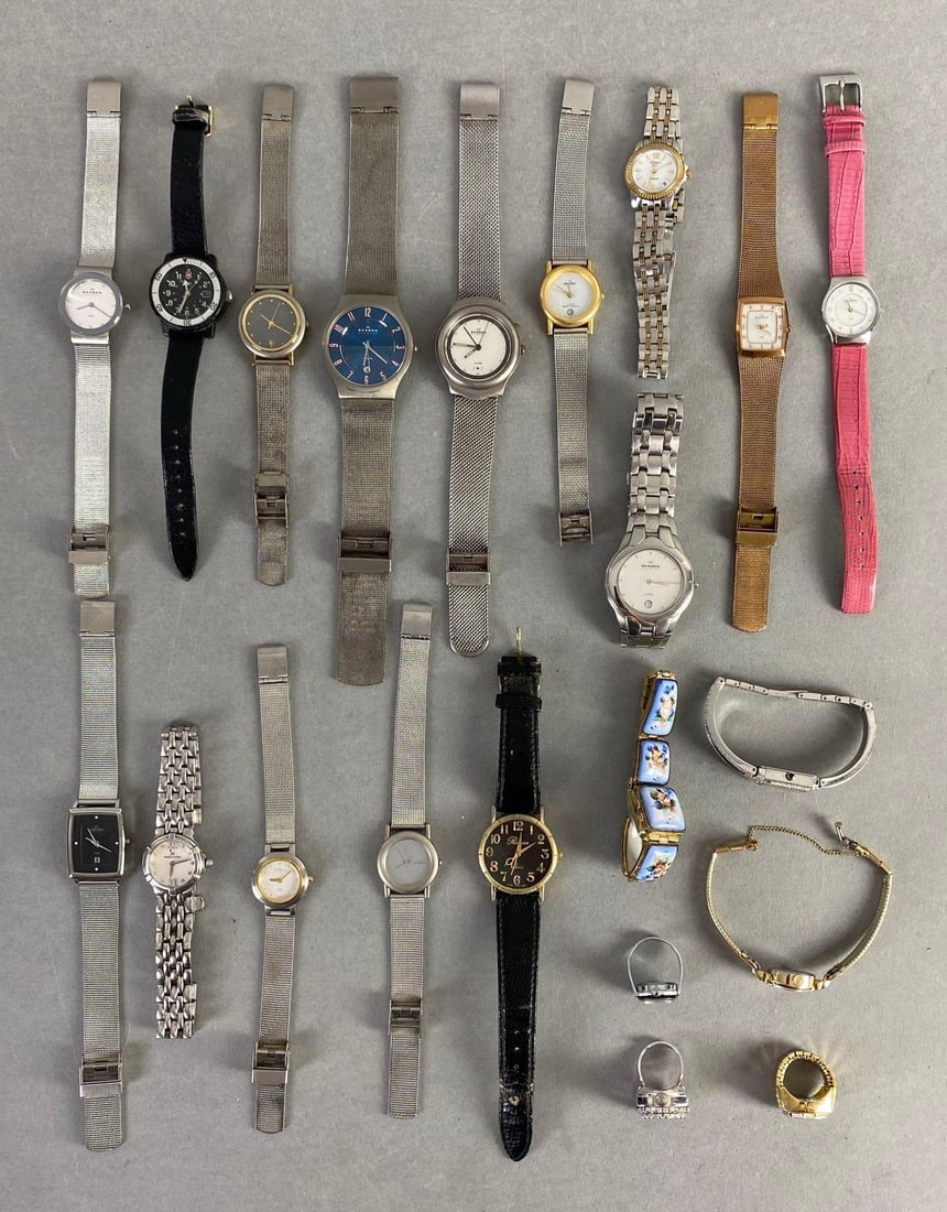 Group of Mens and Womens Wristwatches and More: Includes wristwatches and rewatch rings, Includes Grenen, Skagen, Maurices Lacroix, and more, Unknown working condition, Longest watchband measures 10 inches long.