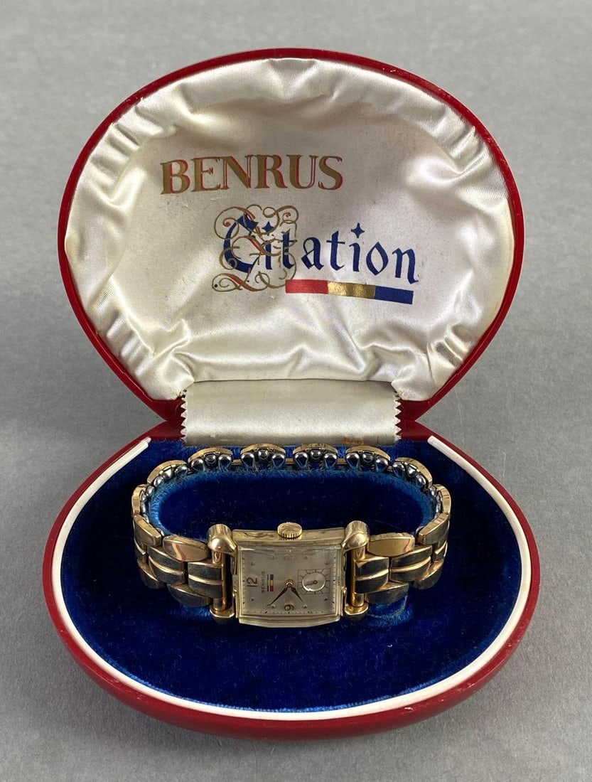 10K Gold Filled Benrus Citation Swiss Wristwatch: With original box, Box measures 4 x 4 3/4 x 2 inches, Watchband measures 7 1/2 inches around.