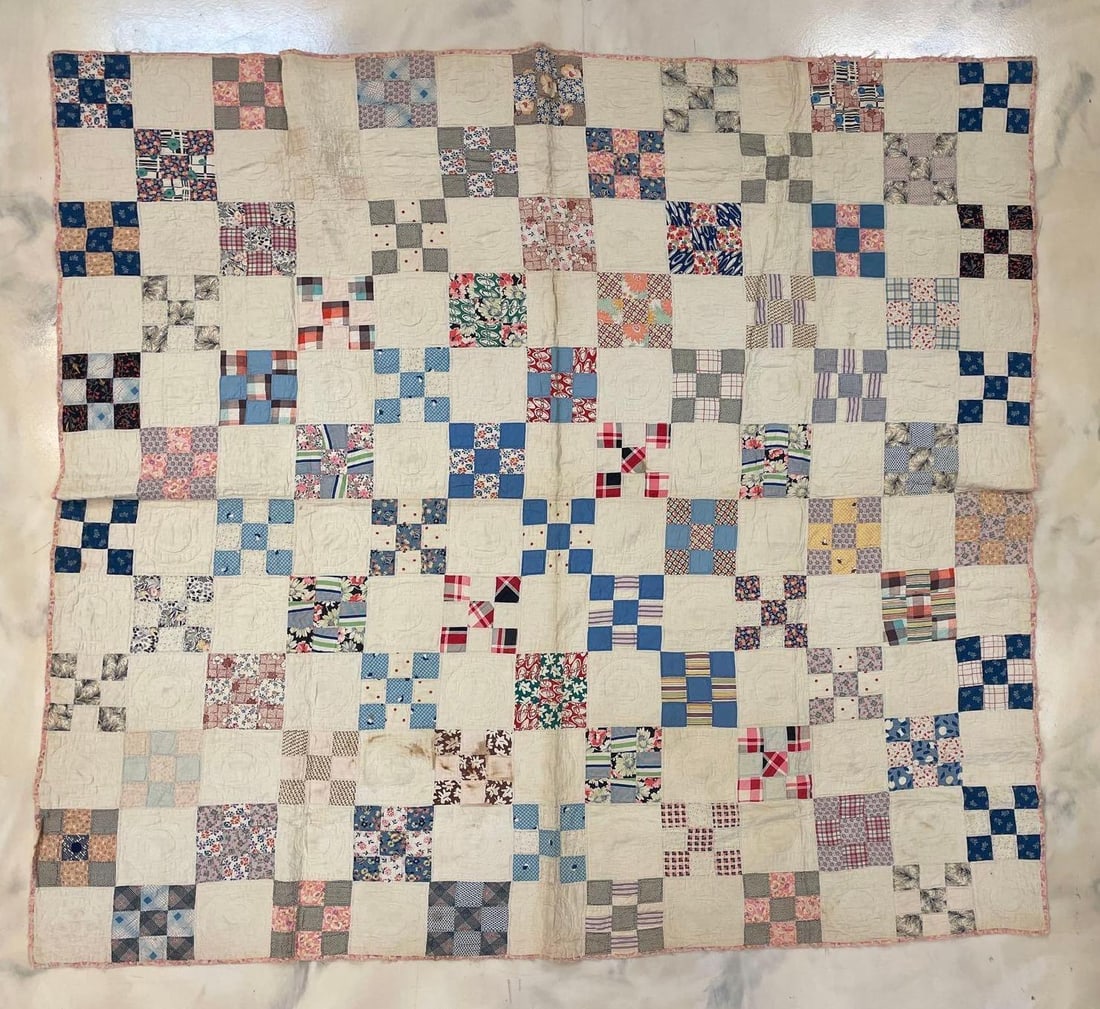 1936 Hand Stitched Quilt: Some staining, dated Jan. 30 1936. Measures 75 x 68 inches
