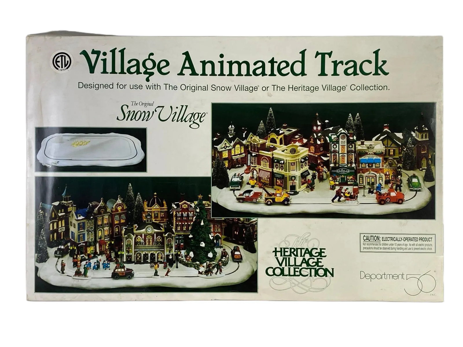 Department 56 Christmas Village Animated Track: Unknown working condition, Designed for use with The Original Snow Village, or The Heritage Village, In original box, Box has some moisture damage, Box measures 25 x 39 x 3 inches.