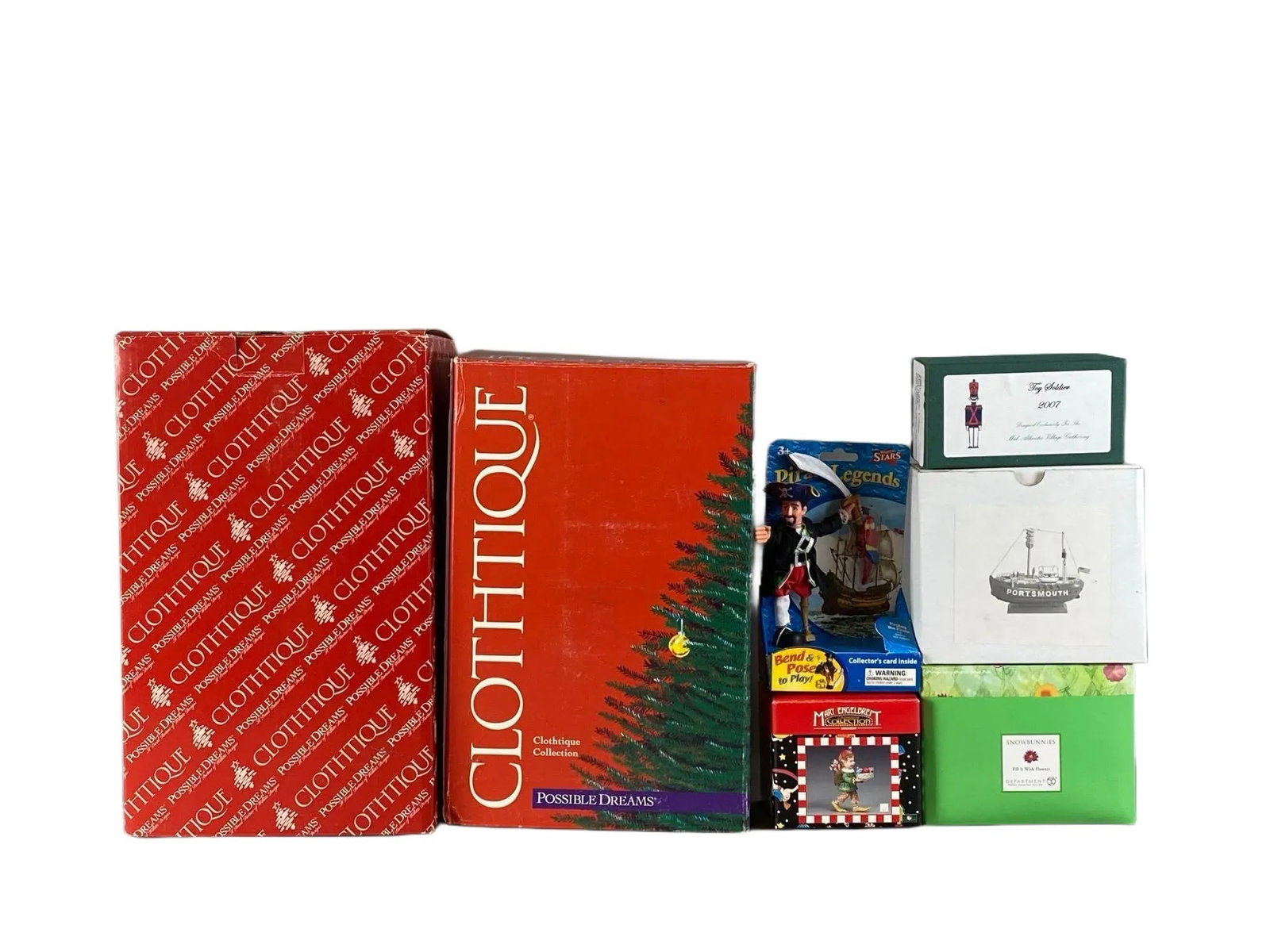 Group of Clothtique Christmas Figures and More: Like new in original boxes, Includes pirate legends, toy soldiers 2007, snow bunnies and more, largest measures 12 1/2 x 7 1/2 x 5 inches