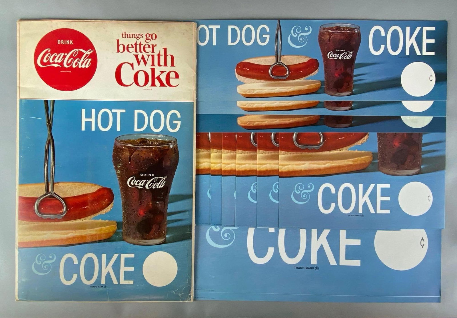 Coca-Cola Hot Dog and Coke POP Advertising Display: Unknown set completion, includes menu boards, easel back displays and more, Largest measures 24 1/2 x 15 1/2 inches