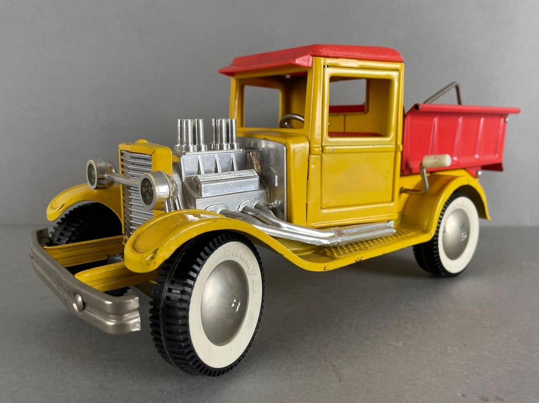 Buddy L Hot Rod Surf and Dump Pressed Steel Truck: Working condition, measures 5 x 11 x 4 1/4 inches