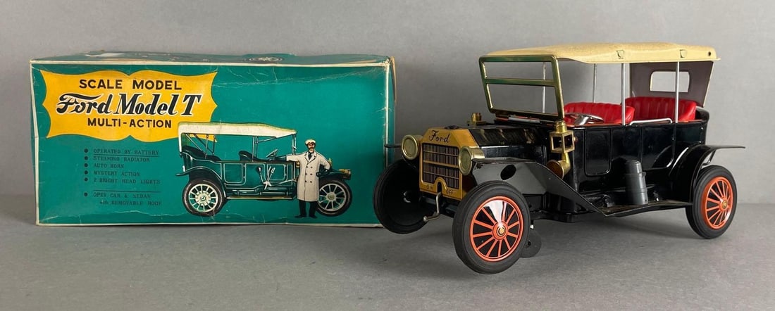 Sunrise Ford Model T Battery Operated Tin Litho Car: Did not work in test, original packaging measures 5 x 10 1/2 x 4 1/4 inches