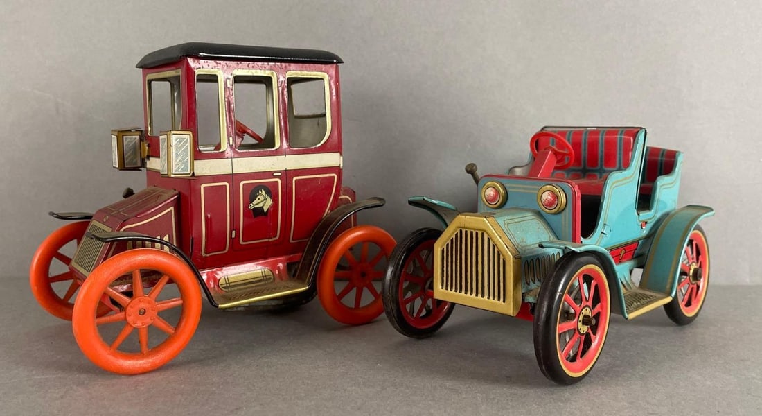 Group of 2 Lever Action Tin Litho Antique Automobiles (1 of 4)