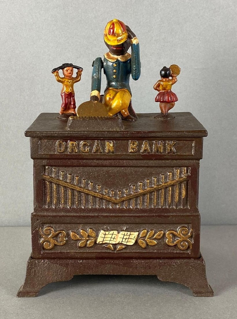 Reproduction Painted Cast Iron Organ Mechanical Coin Bank: broken lever, still functional, measures 7 x 5 x 4 inches