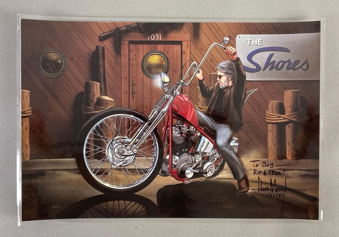Signed David Mann The Shores Motorcycle Lithograph Print: Inscribed and Signed on bottom right corner, A Selection from The Artists Choice Collection of David Manns Motorcycle Art, Measures 11 x 16 inches.