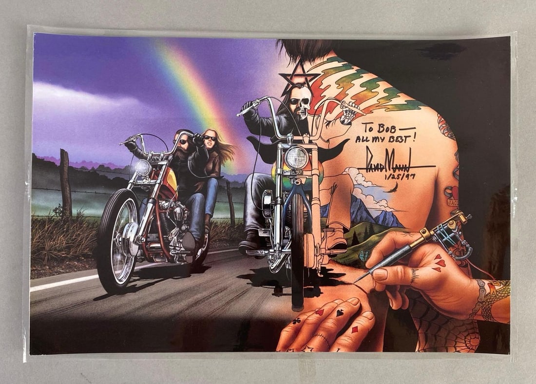 Signed David Mann Motorcycle Tattoo Lithograph Print: Inscribed and Signed on bottom right corner, A Selection from The Artists Choice Collection of David Manns Motorcycle Art, Measures 11 x 16 inches.