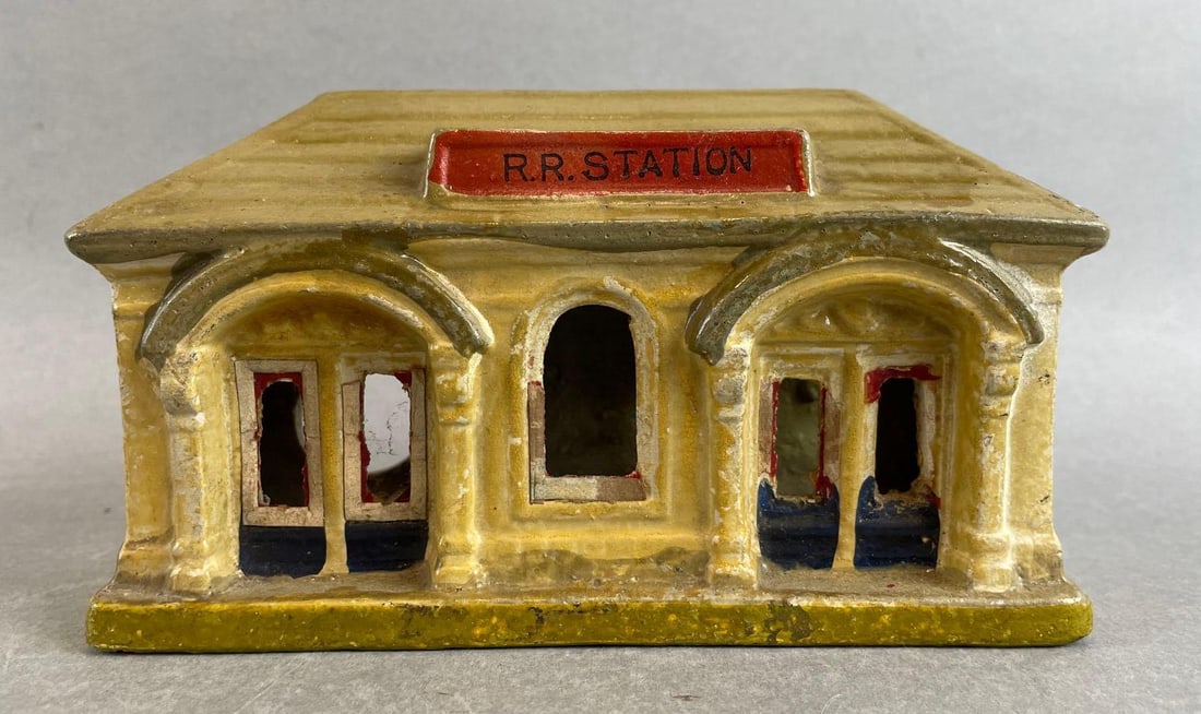 Vintage Railroad Station Depot: Made in Japan. Possibly plaster. Measures 4 x 6 1/2 x 2 3/4 inches