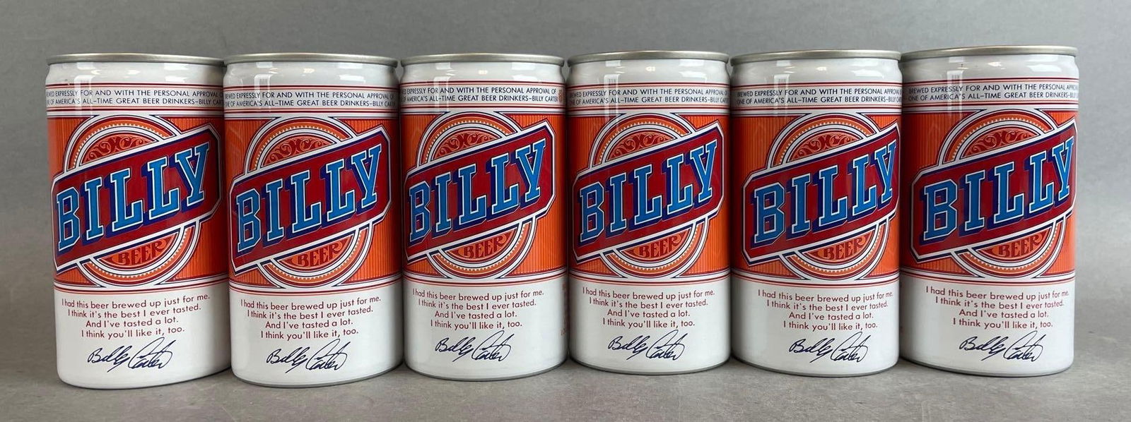 Group of 6 Unopened Empty Billy Beer Advertising Cans: Falls city brewing company, made for Billy Carter. Each measure 5 x 2 1/2 inches