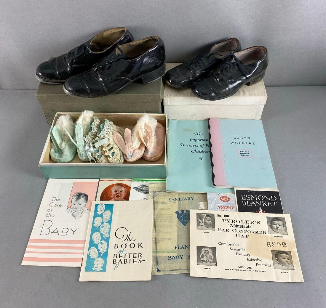 Group of 15 Childrens Shoes and Ephemera: Includes dress shoes, holiday slippers and assortment child care ephemera, largest ephemera measures 7 3/4 x 5 1/4 inches